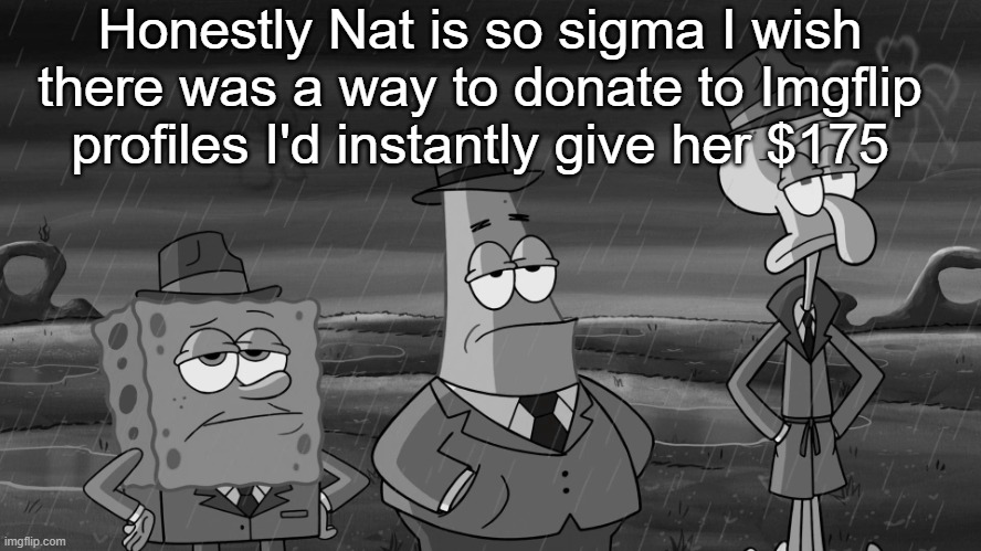 detective squidward patrick and spongebob | Honestly Nat is so sigma I wish there was a way to donate to Imgflip profiles I'd instantly give her $175 | image tagged in detective squidward patrick and spongebob | made w/ Imgflip meme maker