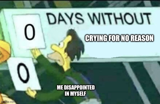 Idk | CRYING FOR NO REASON; ME DISAPPOINTED IN MYSELF | image tagged in 0 days without lenny simpsons | made w/ Imgflip meme maker