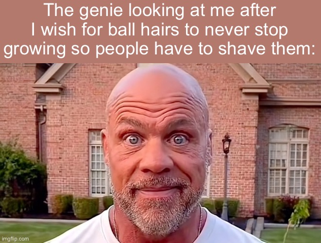 Kurt Angle Stare | The genie looking at me after I wish for ball hairs to never stop growing so people have to shave them: | image tagged in kurt angle stare | made w/ Imgflip meme maker