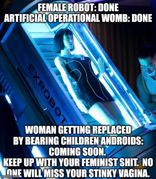FEMALE ROBOT: DONE
ARTIFICIAL OPERATIONAL WOMB: DONE WOMAN GETTING REPLACED BY BEARING CHILDREN ANDROIDS: COMING SOON. 
KEEP UP WITH YOUR FE | made w/ Imgflip meme maker