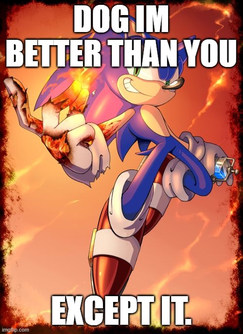 Dog... | DOG IM BETTER THAN YOU; EXCEPT IT. | image tagged in sonic yo hand on fire | made w/ Imgflip meme maker
