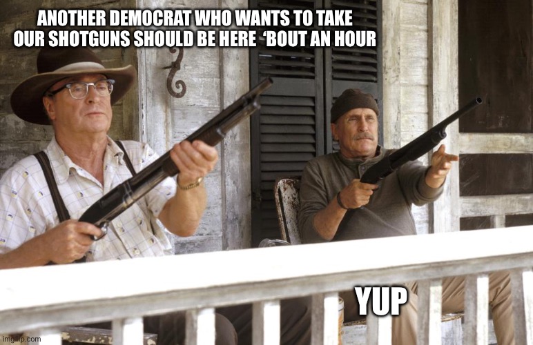 In ‘bout an hour | ANOTHER DEMOCRAT WHO WANTS TO TAKE OUR SHOTGUNS SHOULD BE HERE  ‘BOUT AN HOUR; YUP | image tagged in second hand lions,shotgun,democrat | made w/ Imgflip meme maker