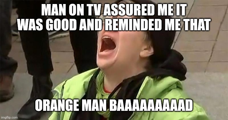crying liberal | MAN ON TV ASSURED ME IT WAS GOOD AND REMINDED ME THAT ORANGE MAN BAAAAAAAAAD | image tagged in crying liberal | made w/ Imgflip meme maker