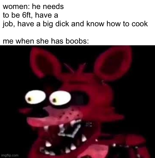 . | women: he needs to be 6ft, have a job, have a big dick and know how to cook
 
me when she has boobs: | made w/ Imgflip meme maker