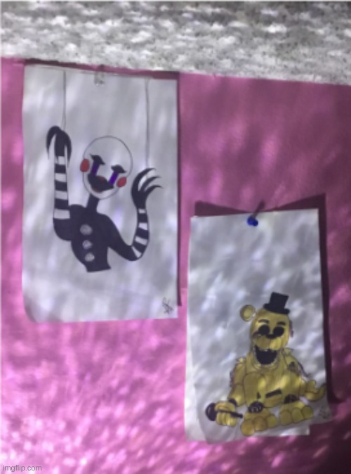 my fnaf drawings pt 2 - the puppet and golden freddy +} | image tagged in five nights at freddys,the puppet,golden freddy,fredbear will eat all of your delectable kids | made w/ Imgflip meme maker