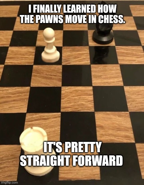 Chess Knight Pawn Rook | I FINALLY LEARNED HOW THE PAWNS MOVE IN CHESS. IT'S PRETTY STRAIGHT FORWARD | image tagged in chess knight pawn rook | made w/ Imgflip meme maker