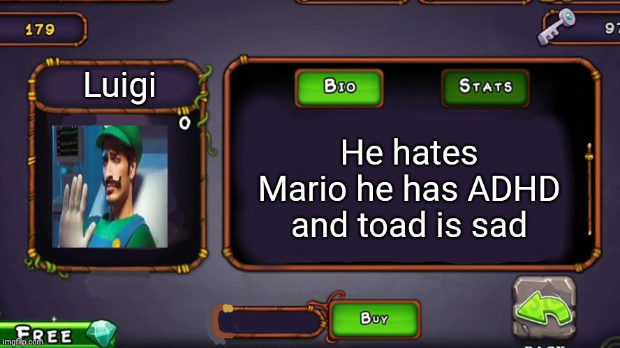 Luigi | Luigi; He hates Mario he has ADHD and toad is sad | image tagged in msm blank bio | made w/ Imgflip meme maker