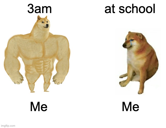me | 3am; at school; Me; Me | image tagged in memes,buff doge vs cheems | made w/ Imgflip meme maker