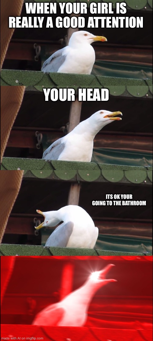 Inhaling Seagull Meme | WHEN YOUR GIRL IS REALLY A GOOD ATTENTION; YOUR HEAD; ITS OK YOUR GOING TO THE BATHROOM | image tagged in memes,inhaling seagull | made w/ Imgflip meme maker