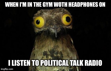 Weird Stuff I Do Potoo | WHEN I'M IN THE GYM WOTH HEADPHONES ON I LISTEN TO POLITICAL TALK RADIO | image tagged in memes,weird stuff i do potoo | made w/ Imgflip meme maker