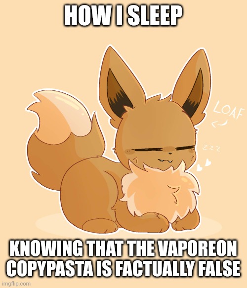 Sleeping Eevee | HOW I SLEEP; KNOWING THAT THE VAPOREON COPYPASTA IS FACTUALLY FALSE | image tagged in loaf eevee,funny | made w/ Imgflip meme maker