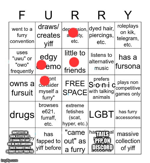 Furry Bingo V2 | S o n i c; TAILS PFP ON DISCORD; KOUTLETTE (IK THEN, A LITTLE BIT), IF CHANA (THE GUY ON DA WITH AWESOME TAILS FANART) WAS A FURRY ARTIST THEN YES | image tagged in furry bingo v2 | made w/ Imgflip meme maker