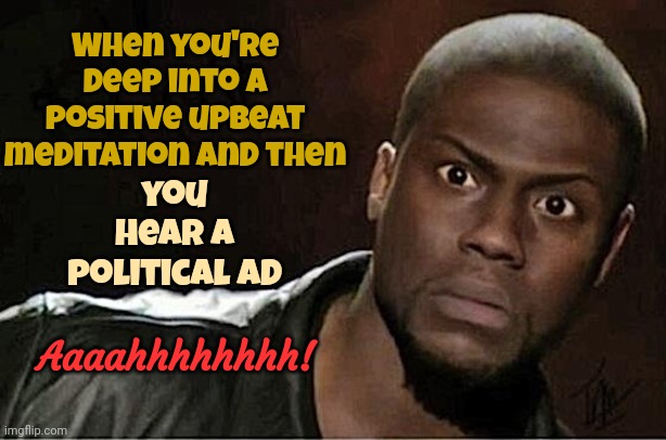 Focus Focus Focus | When you're deep into a positive upbeat meditation and then; you hear a political ad; Aaaahhhhhhhh! | image tagged in memes,kevin hart,focus,meditation,meditate,positive thinking | made w/ Imgflip meme maker