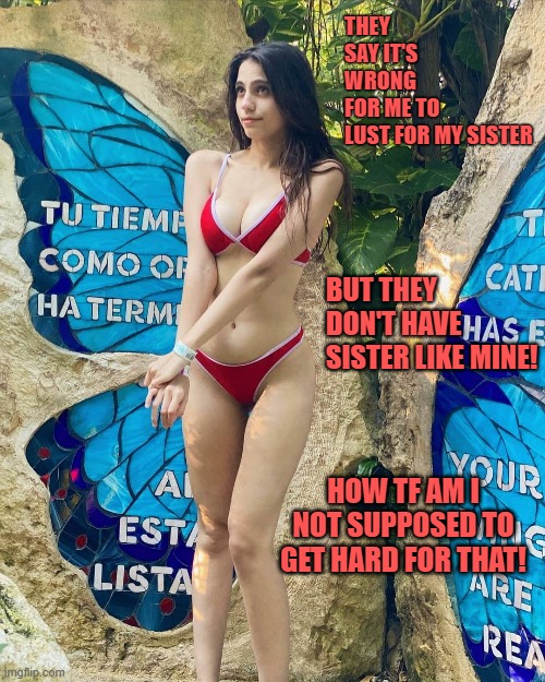 Is it really wrong if she looks like this? | THEY SAY IT'S WRONG FOR ME TO LUST FOR MY SISTER; BUT THEY DON'T HAVE SISTER LIKE MINE! HOW TF AM I NOT SUPPOSED TO GET HARD FOR THAT! | image tagged in sister,incest,hot,girl,big tits | made w/ Imgflip meme maker