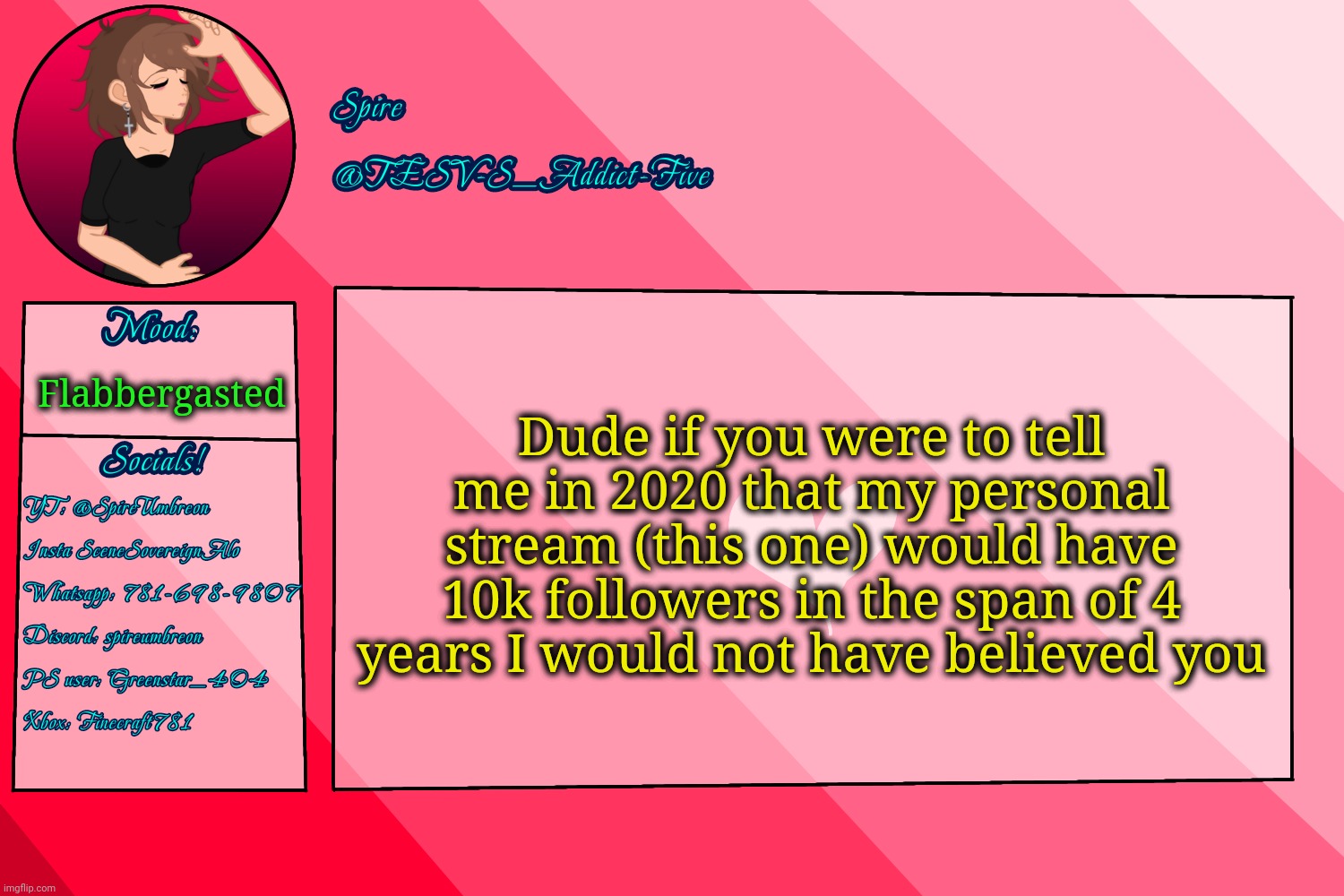 . | Dude if you were to tell me in 2020 that my personal stream (this one) would have 10k followers in the span of 4 years I would not have believed you; Flabbergasted | image tagged in tesv-s_addict-five announcement template | made w/ Imgflip meme maker