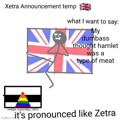 Xetra announcement temp | My dumbass thought hamlet was a type of meat | image tagged in xetra announcement temp | made w/ Imgflip meme maker