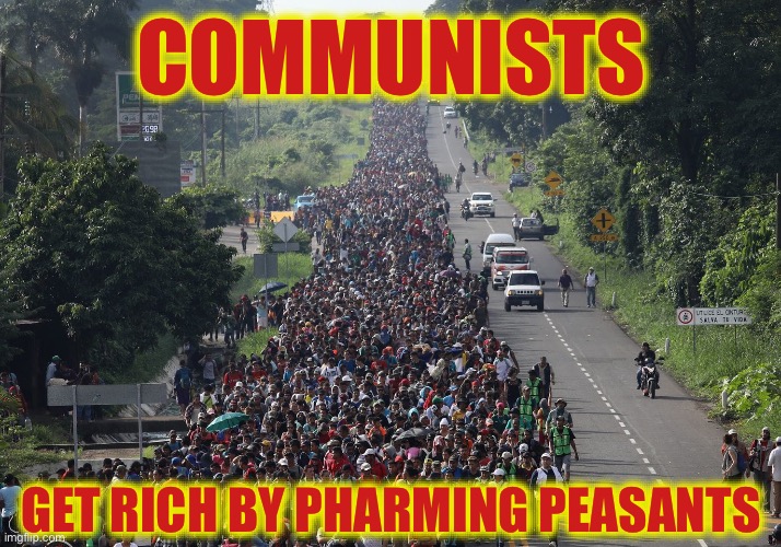 They’re Trying to Make this the Peasant States of America | COMMUNISTS; GET RICH BY PHARMING PEASANTS | image tagged in migrant caravan,liberal logic,stupid liberals,communism,liberal hypocrisy,new normal | made w/ Imgflip meme maker