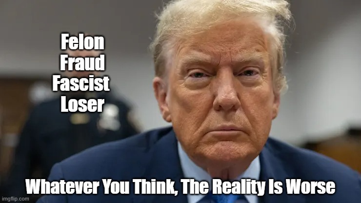 "Whatever You Think, The Reality Is Worse" | Felon
Fraud
Fascist 
Loser; Whatever You Think, The Reality Is Worse | image tagged in trump,felon,fraud,fascist,loser,google trump university scandal | made w/ Imgflip meme maker