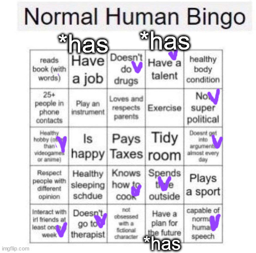 Normal human bingo | *has; *has; *has | image tagged in normal human bingo | made w/ Imgflip meme maker