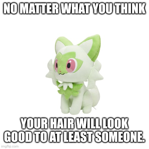 Sprigatito Plush | NO MATTER WHAT YOU THINK; YOUR HAIR WILL LOOK GOOD TO AT LEAST SOMEONE. | image tagged in sprigatito plush | made w/ Imgflip meme maker