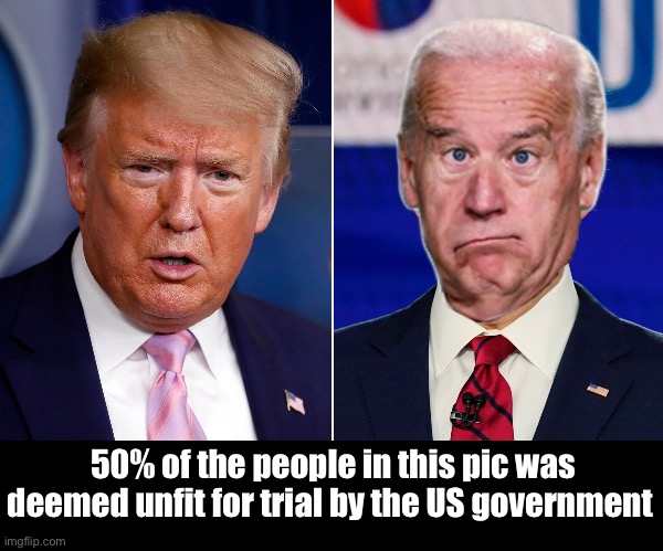 Crazy statistic. | 50% of the people in this pic was deemed unfit for trial by the US government | image tagged in donald trump and joe biden,politics lol,memes | made w/ Imgflip meme maker