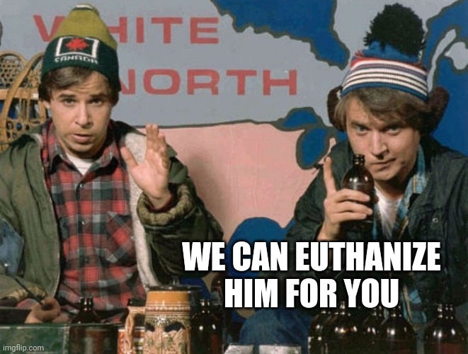Bob and Doug McKenzie | WE CAN EUTHANIZE HIM FOR YOU | image tagged in bob and doug mckenzie | made w/ Imgflip meme maker