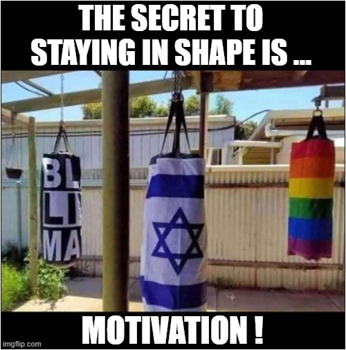 Choices, Choices ! | THE SECRET TO STAYING IN SHAPE IS ... MOTIVATION ! | image tagged in keep fit,punch bag,choices,motivation,dark humour | made w/ Imgflip meme maker
