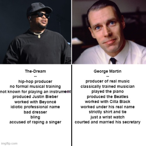 The-Dream Versus George Martin | image tagged in the-dream,george martin,record producers,rap sucks,hip-hop sucks,justin bieber sucks | made w/ Imgflip meme maker