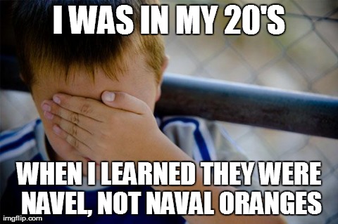 Confession Kid | I WAS IN MY 20'S WHEN I LEARNED THEY WERE NAVEL, NOT NAVAL ORANGES | image tagged in memes,confession kid | made w/ Imgflip meme maker