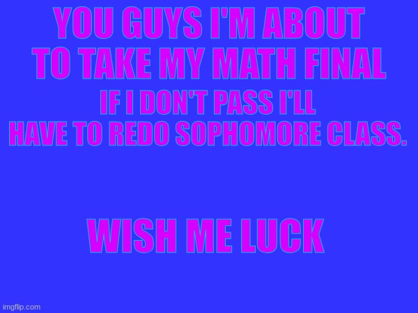 wish me luck | YOU GUYS I'M ABOUT TO TAKE MY MATH FINAL; IF I DON'T PASS I'LL HAVE TO REDO SOPHOMORE CLASS. WISH ME LUCK | image tagged in math | made w/ Imgflip meme maker