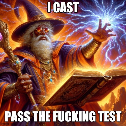 Wizard I cast | I CAST PASS THE FUCKING TEST | image tagged in wizard i cast | made w/ Imgflip meme maker