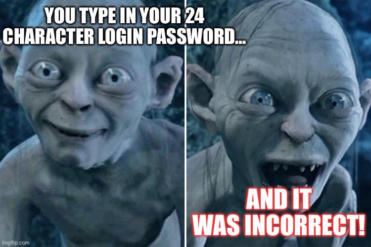 Not like this hasn’t happened to someone somewhere | YOU TYPE IN YOUR 24 CHARACTER LOGIN PASSWORD…; AND IT WAS INCORRECT! | image tagged in gollum good/bad,password,incorrect | made w/ Imgflip meme maker