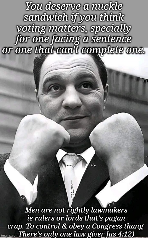 Nuckle sandwich | You deserve a nuckle sandwich if you think voting matters, specially for one facing a sentence or one that can't complete one. Men are not rightly lawmakers ie rulers or lords that's pagan crap. To control & obey a Congress thang 
There's only one law giver Jas 4:12) | image tagged in christian memes | made w/ Imgflip meme maker