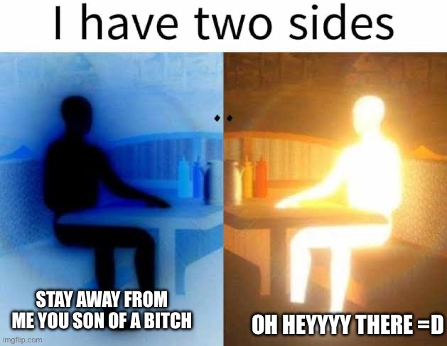 I have 2 sides | OH HEYYYY THERE =D; STAY AWAY FROM ME YOU SON OF A BITCH | image tagged in i have 2 sides | made w/ Imgflip meme maker