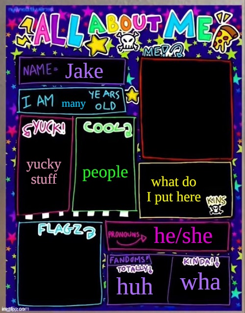 All about me! (Og temp by Jade) | Jake; many; people; yucky stuff; what do I put here; he/she; huh; wha | image tagged in all about me og temp by jade | made w/ Imgflip meme maker