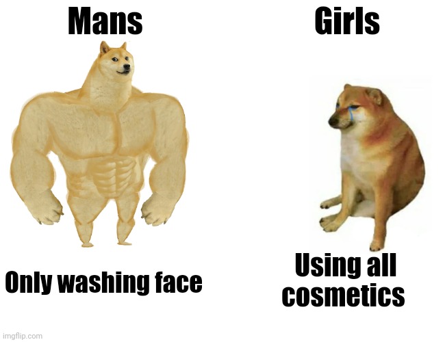 Buff Doge vs. Cheems Meme | Mans; Girls; Using all cosmetics; Only washing face | image tagged in memes,buff doge vs cheems | made w/ Imgflip meme maker