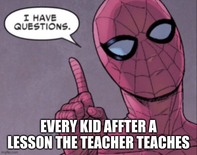 I have questions | EVERY KID AFFTER A LESSON THE TEACHER TEACHES | image tagged in i have questions | made w/ Imgflip meme maker