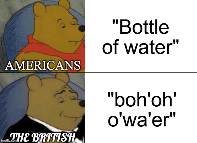 Image Title | "Bottle of water"; AMERICANS; "boh'oh' o'wa'er"; THE BRITISH | image tagged in memes,tuxedo winnie the pooh,british,americans,bottle of water,water bottle | made w/ Imgflip meme maker