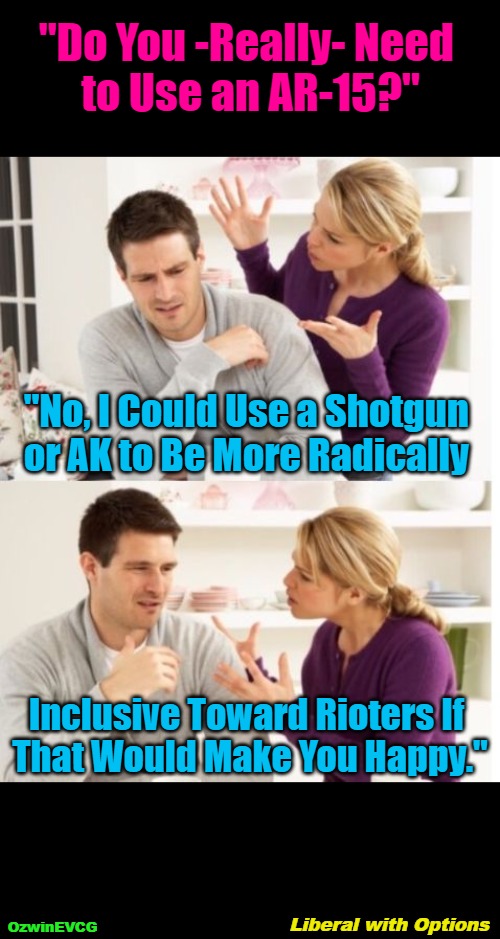 Liberal with Options | "Do You -Really- Need 

to Use an AR-15?"; "No, I Could Use a Shotgun 

or AK to Be More Radically; Inclusive Toward Rioters If 

That Would Make You Happy."; Liberal with Options; OzwinEVCG | image tagged in arguing couple,political humor,liberal logic,riots,self-defense,civilization | made w/ Imgflip meme maker