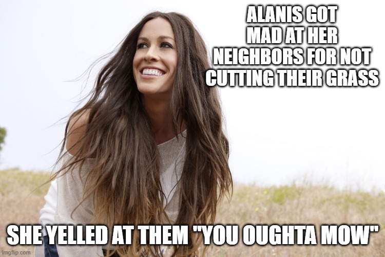 Alanis Yelled | ALANIS GOT MAD AT HER NEIGHBORS FOR NOT CUTTING THEIR GRASS; SHE YELLED AT THEM "YOU OUGHTA MOW" | image tagged in alanis | made w/ Imgflip meme maker