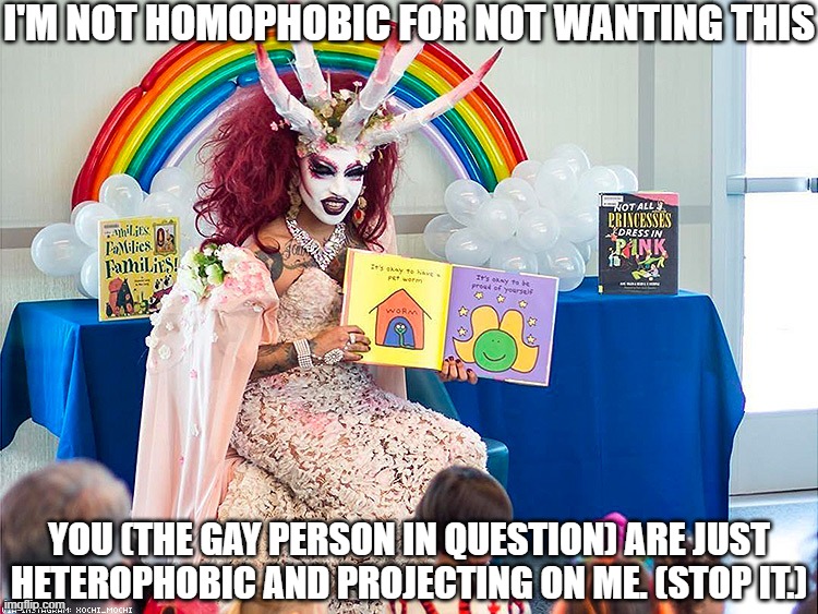 Not Homophobic | I'M NOT HOMOPHOBIC FOR NOT WANTING THIS; YOU (THE GAY PERSON IN QUESTION) ARE JUST HETEROPHOBIC AND PROJECTING ON ME. (STOP IT.) | image tagged in satanic drag queen teaches children/kids,do not want,bad things | made w/ Imgflip meme maker