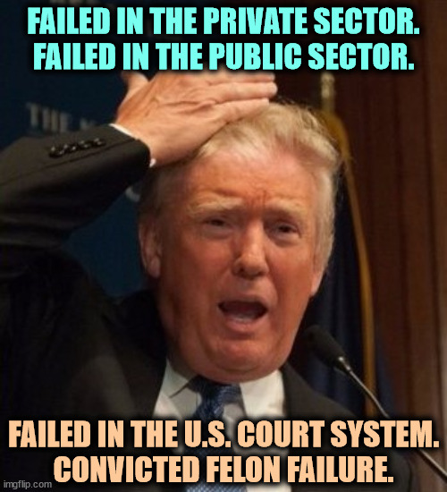 Tired of failing yet? | FAILED IN THE PRIVATE SECTOR.
FAILED IN THE PUBLIC SECTOR. FAILED IN THE U.S. COURT SYSTEM.
CONVICTED FELON FAILURE. | image tagged in trump confused,trump,failure,business,politics,convicted felon | made w/ Imgflip meme maker