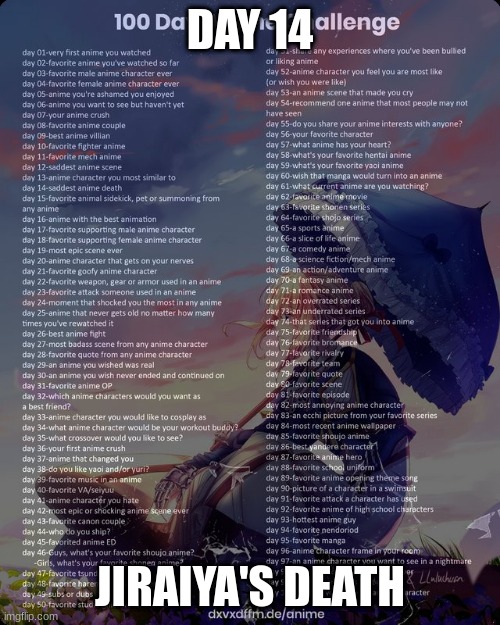 100 day anime challenge | DAY 14; JIRAIYA'S DEATH | image tagged in 100 day anime challenge | made w/ Imgflip meme maker