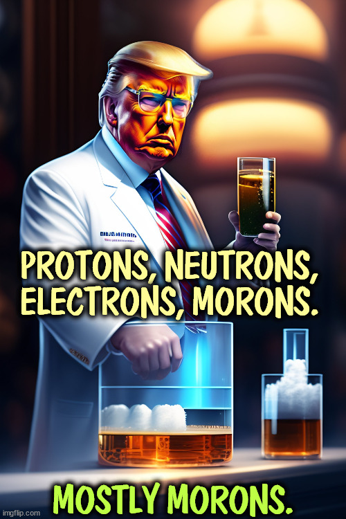 MAGA physics lesson | PROTONS, NEUTRONS, ELECTRONS, MORONS. MOSTLY MORONS. | image tagged in maga,chemistry,protons,neutrons,morons | made w/ Imgflip meme maker