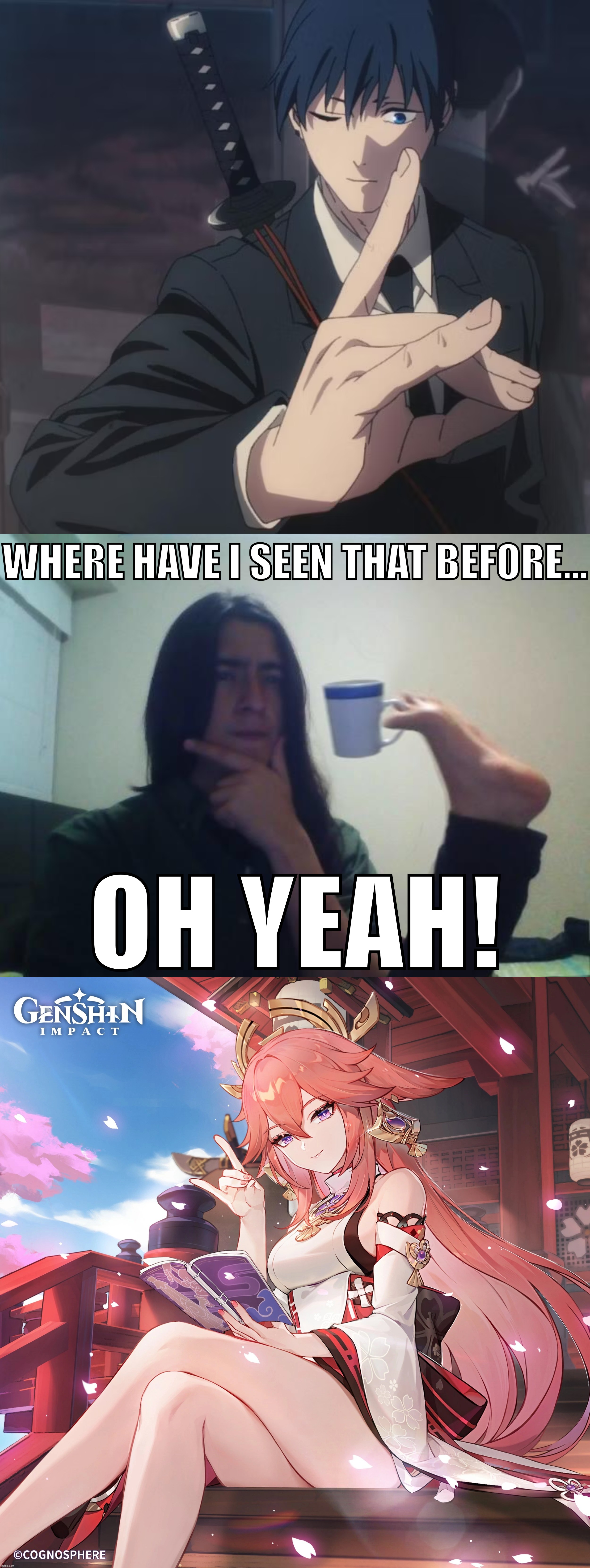 WHERE HAVE I SEEN THAT BEFORE... OH YEAH! | image tagged in teacup snape,yae miko | made w/ Imgflip meme maker