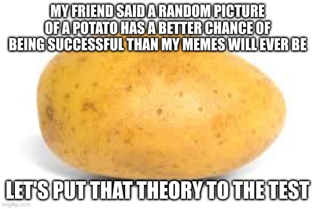 Potato | MY FRIEND SAID A RANDOM PICTURE OF A POTATO HAS A BETTER CHANCE OF BEING SUCCESSFUL THAN MY MEMES WILL EVER BE; LET'S PUT THAT THEORY TO THE TEST | image tagged in potato | made w/ Imgflip meme maker