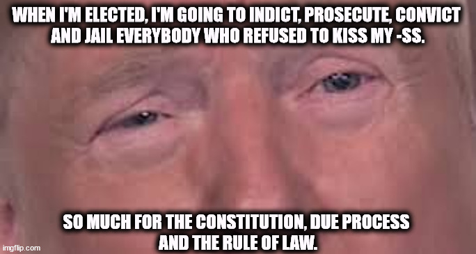 Convicted Felon-in-Chief and superlative insane crybaby, Donald Trump. His -ss is more important. | WHEN I'M ELECTED, I'M GOING TO INDICT, PROSECUTE, CONVICT 
AND JAIL EVERYBODY WHO REFUSED TO KISS MY -SS. SO MUCH FOR THE CONSTITUTION, DUE PROCESS 
AND THE RULE OF LAW. | image tagged in trump dilated and in tears 'cause he's sick and tired of winning,trump,convicted felon,crybaby,constitution,insane | made w/ Imgflip meme maker