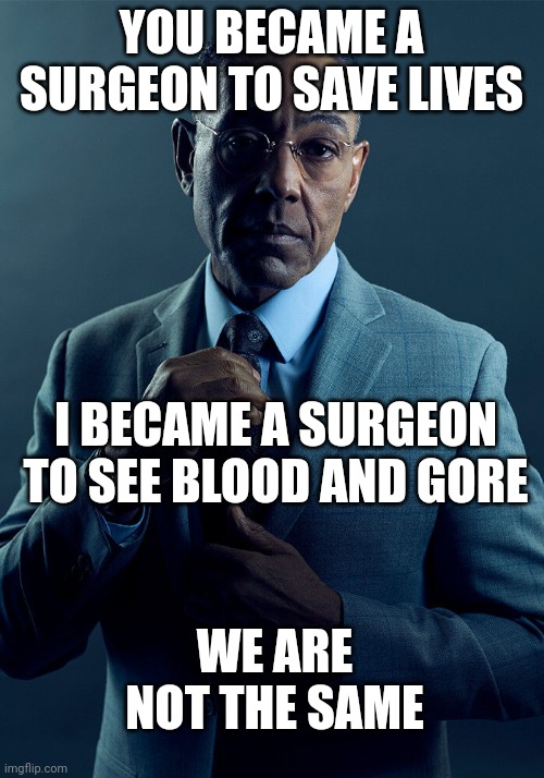 Gus Fring we are not the same | YOU BECAME A SURGEON TO SAVE LIVES; I BECAME A SURGEON TO SEE BLOOD AND GORE; WE ARE NOT THE SAME | image tagged in gus fring we are not the same | made w/ Imgflip meme maker