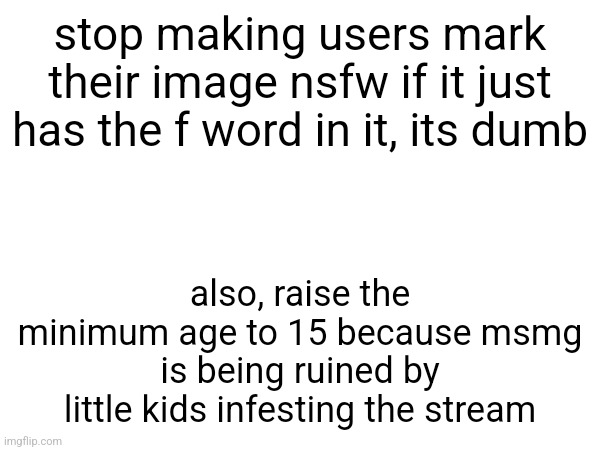 @site mods | stop making users mark their image nsfw if it just has the f word in it, its dumb; also, raise the minimum age to 15 because msmg is being ruined by little kids infesting the stream | made w/ Imgflip meme maker