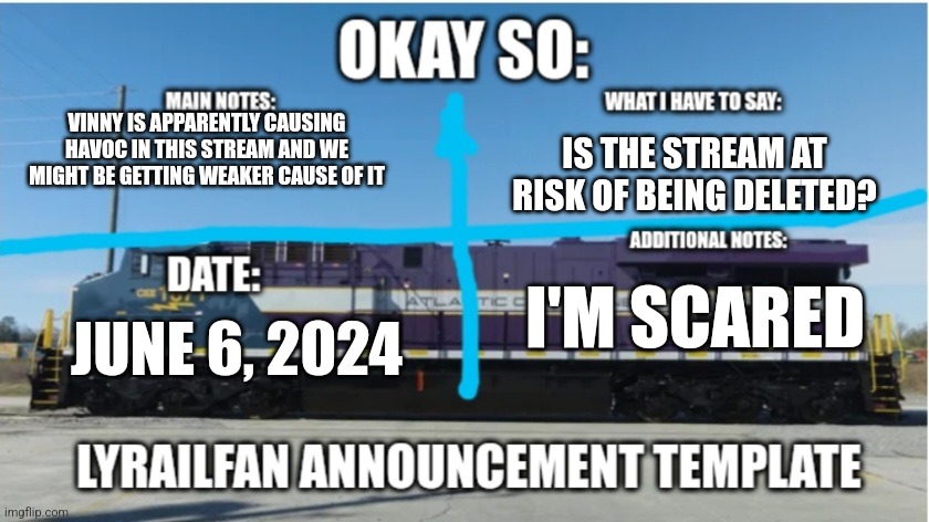 LyRailfan announcement temp | VINNY IS APPARENTLY CAUSING HAVOC IN THIS STREAM AND WE MIGHT BE GETTING WEAKER CAUSE OF IT; IS THE STREAM AT RISK OF BEING DELETED? I'M SCARED; JUNE 6, 2024 | image tagged in lyrailfan announcement temp | made w/ Imgflip meme maker